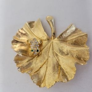 Vintage Rhinestone Frog on Goldtone Leaf, signed Ledo 1962